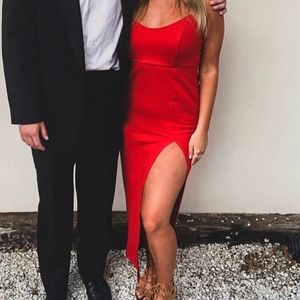 red superdown slit dress